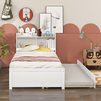 Twin Bed with Pull-Out Trundle & Storage Headboard, Wood Platform Bed, No Box Spring Needed