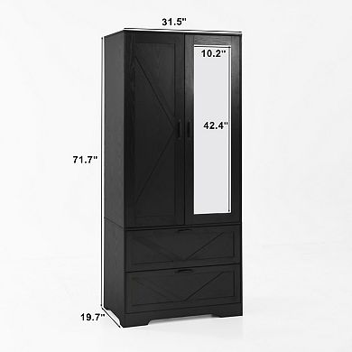 2 Door Wood Wardrobe with Hanging Rod, 2 Drawers & Induction Light, Particle Board, for Bedroom