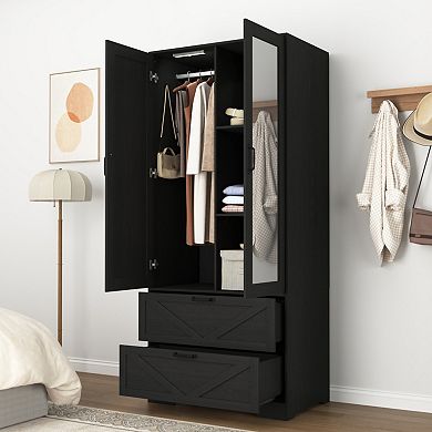 2 Door Wood Wardrobe with Hanging Rod, 2 Drawers & Induction Light, Particle Board, for Bedroom