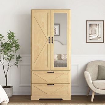 2 Door Wood Wardrobe with Hanging Rod, 2 Drawers & Induction Light, Particle Board, for Bedroom