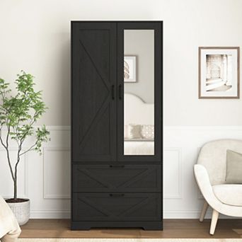 2 Door Wood Wardrobe with Hanging Rod, 2 Drawers & Induction Light, Particle Board, for Bedroom
