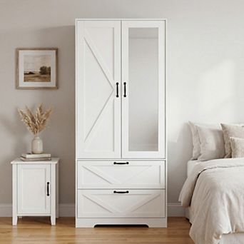 2 Door Wood Wardrobe with Hanging Rod, 2 Drawers & Induction Light, Particle Board, for Bedroom