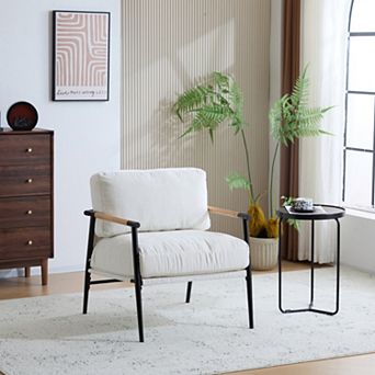 27.56" Accent Chair, Plush Cushions, Metal Frame & Wooden Armrests, for Living Room Bedroom Office