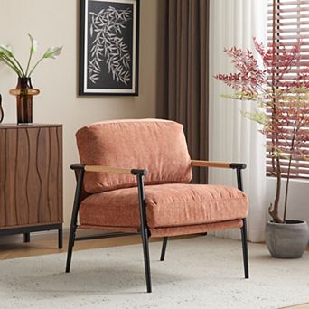 27.56" Accent Chair, Plush Cushions, Metal Frame & Wooden Armrests, for Living Room Bedroom Office