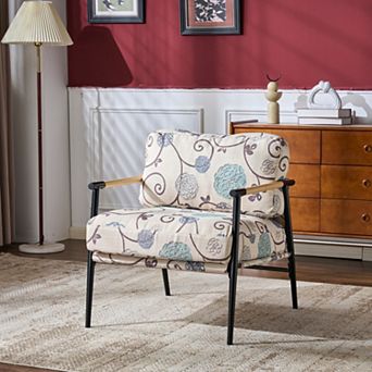 27.56" Accent Chair, Plush Cushions, Metal Frame & Wooden Armrests, for Living Room Bedroom Office