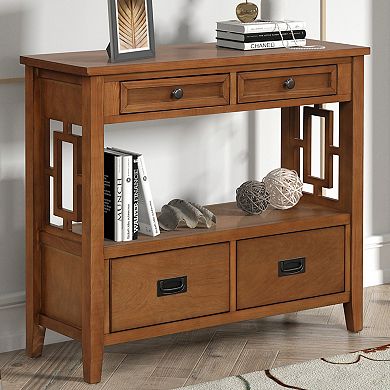 36 Inch Farmhouse Pine Console Table, 4 Drawers & 1 Shelf, Easy to Use for Entryway Living Room