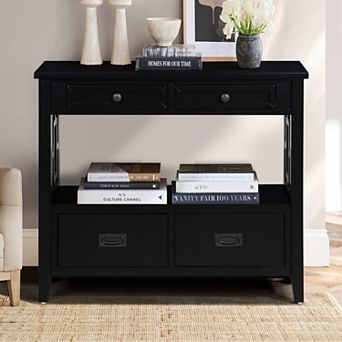 36 Inch Farmhouse Pine Console Table, 4 Drawers & 1 Shelf, Easy to Use for Entryway Living Room