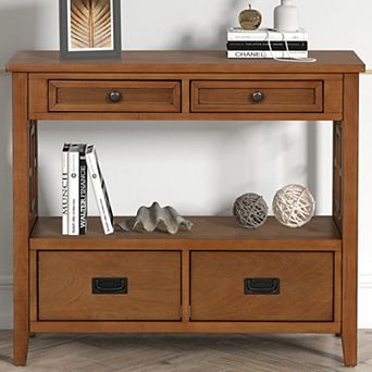 36 Inch Farmhouse Pine Console Table, 4 Drawers & 1 Shelf, Easy to Use for Entryway Living Room