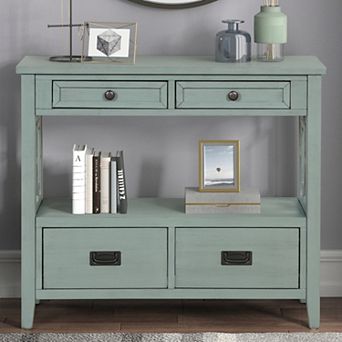36 Inch Farmhouse Pine Console Table, 4 Drawers & 1 Shelf, Easy to Use for Entryway Living Room