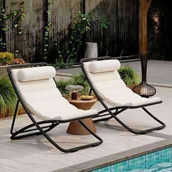 Set of 2 Outdoor Folding Chairs, Rattan-Wrapped with Adjustable Backrest, Thick Cushion for Poolside