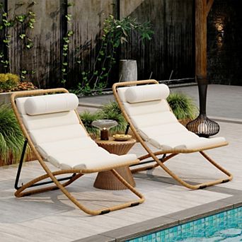 Set of 2 Outdoor Folding Chairs, Rattan-Wrapped with Adjustable Backrest, Thick Cushion for Poolside