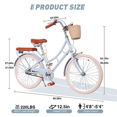 22 Inch Women Beach Cruiser Bike, Low-Step Frame with Basket, Comfortable Commuter Bike