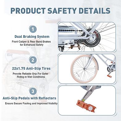22 Inch Women Beach Cruiser Bike, Low-Step Frame with Basket, Comfortable Commuter Bike