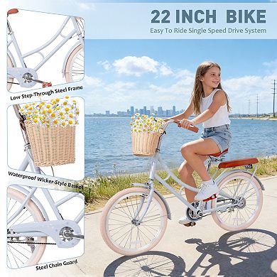 22 Inch Women Beach Cruiser Bike, Low-Step Frame with Basket, Comfortable Commuter Bike