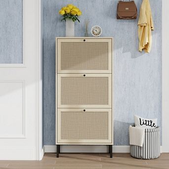 Rattan Shoe Cabinet with 3 Flip Drawers, Practical & Easy Shoe Storage for Entryway Living Room