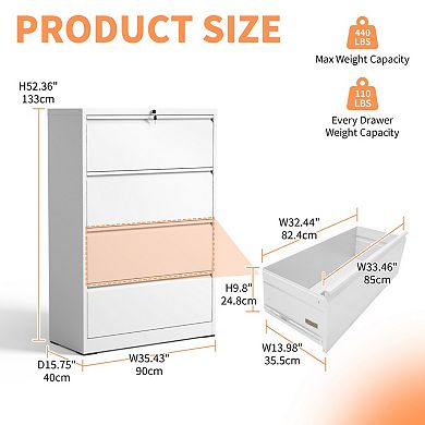 4-Drawer Lockable File Cabinet, Steel Lateral Filing Cabinet for Home Office, Fits Legal/A4/F4