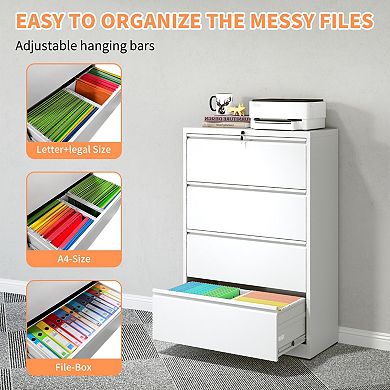 4-Drawer Lockable File Cabinet, Steel Lateral Filing Cabinet for Home Office, Fits Legal/A4/F4