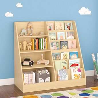 Kids Bookshelf Toy Storage Organizer - 4 tier Wooden Bookcase for Kids Room Playroom Easy Assembly