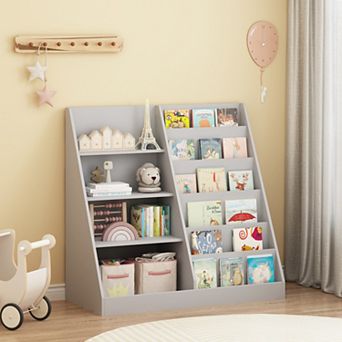 Kids Bookshelf Toy Storage Organizer - 4 tier Wooden Bookcase for Kids Room Playroom Easy Assembly