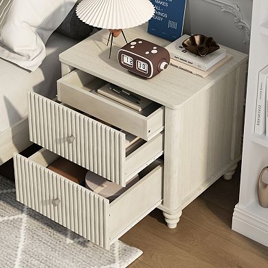 Fluted Nightstand with 3-Drawer & Metal Handle Mid Century Wood Side Table for Bedroom, Apartment