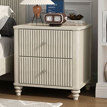 Fluted Nightstand with 3-Drawer & Metal Handle Mid Century Wood Side Table for Bedroom, Apartment