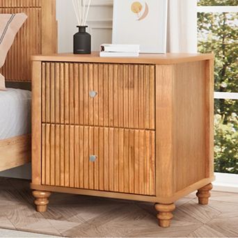 Fluted Nightstand with 3-Drawer & Metal Handle Mid Century Wood Side Table for Bedroom, Apartment
