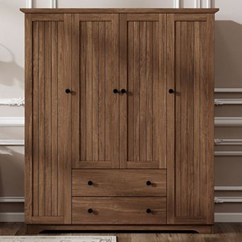 4 Door Wood Armoire Wardrobe with 2 Drawers and Hanging Rods, Freestanding for Bedroom/Guest Room