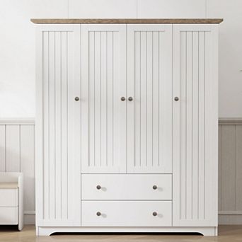 4 Door Wood Armoire Wardrobe with 2 Drawers and Hanging Rods, Freestanding for Bedroom/Guest Room