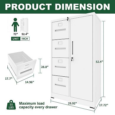 Metal Vertical Filing Cabinet with Lock, 4 Drawers & 1 Door, Sturdy Steel for Office, Home , School