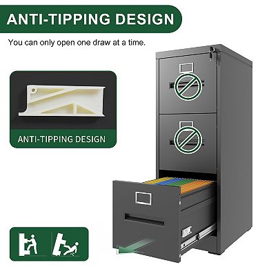 VIYET 3-Drawer Vertical File Cabinet - Locking Steel Storage for Letter & Legal Files