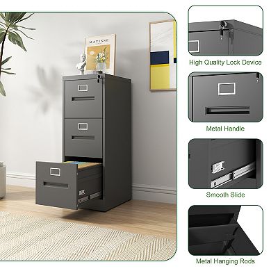 VIYET 3-Drawer Vertical File Cabinet - Locking Steel Storage for Letter & Legal Files