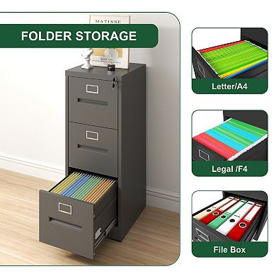 VIYET 3-Drawer Vertical File Cabinet - Locking Steel Storage for Letter & Legal Files