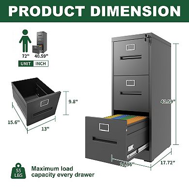 VIYET 3-Drawer Vertical File Cabinet - Locking Steel Storage for Letter & Legal Files