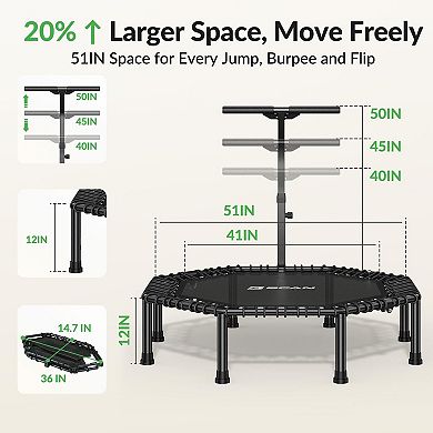 BCAN 51" Octagonal Mini Trampoline, Max Load 450 LBS Fitness Trampoline with T-Adjustable Handle Bar