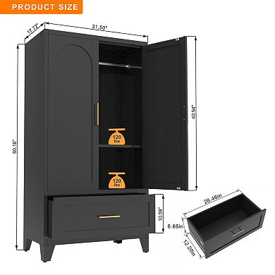 60" Metal Wardrobe Cabinet with 1 Drawer and Hanging Rod, Adjustable Shelf for Bedroom Office