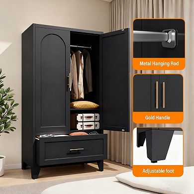 60" Metal Wardrobe Cabinet with 1 Drawer and Hanging Rod, Adjustable Shelf for Bedroom Office