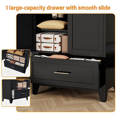 60" Metal Wardrobe Cabinet with 1 Drawer and Hanging Rod, Adjustable Shelf for Bedroom Office