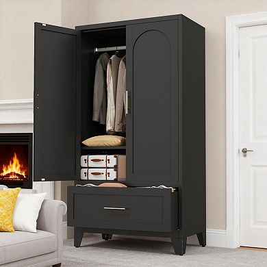 60" Metal Wardrobe Cabinet with 1 Drawer and Hanging Rod, Adjustable Shelf for Bedroom Office