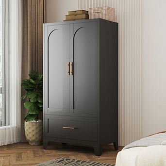 60" Metal Wardrobe Cabinet with 1 Drawer and Hanging Rod, Adjustable Shelf for Bedroom Office