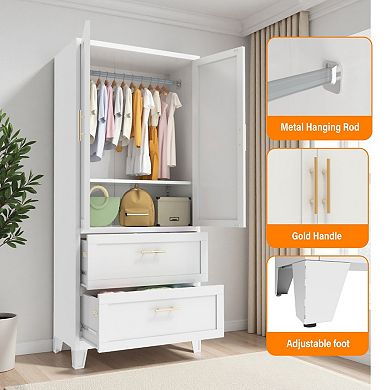 71" Metal Wardrobe Cabinet with 2 Drawers and Hanging Rod, Adjustable Shelf for Bedroom Office