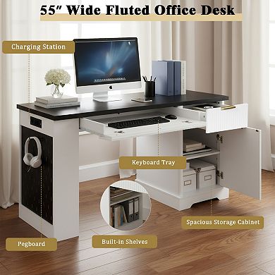 55" Modern Fluted Office Desk, Easy to Clean, Multi-Storage with Pegboard for Home Office,Study Room