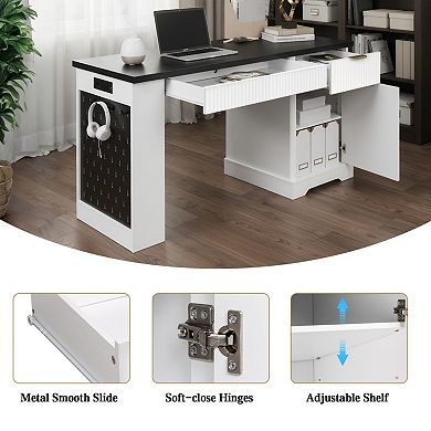 55" Modern Fluted Office Desk, Easy to Clean, Multi-Storage with Pegboard for Home Office,Study Room