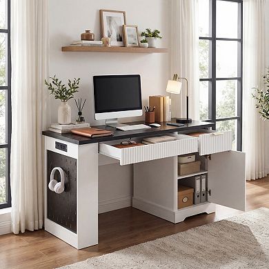 55" Modern Fluted Office Desk, Easy to Clean, Multi-Storage with Pegboard for Home Office,Study Room