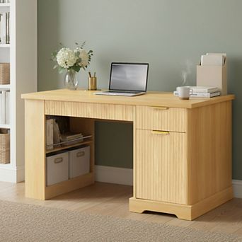 55" Modern Fluted Office Desk, Easy to Clean, Multi-Storage with Pegboard for Home Office,Study Room