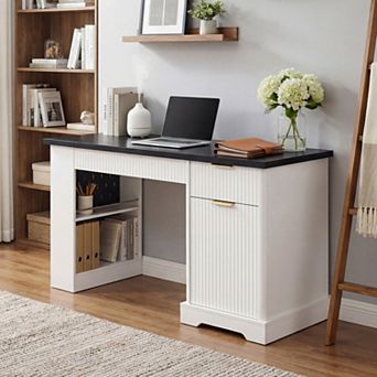 55" Modern Fluted Office Desk, Easy to Clean, Multi-Storage with Pegboard for Home Office,Study Room