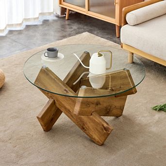 33.4 Inch Round Glass Coffee Table, Tempered Glass, Easy Assemble Clean, for Living Room Farmhouse