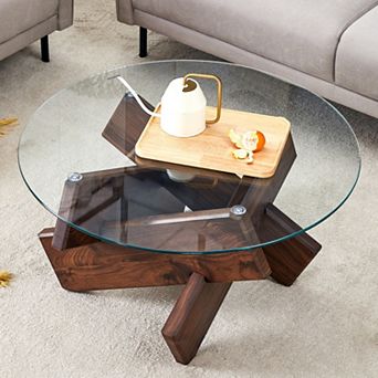 33.4 Inch Round Glass Coffee Table, Tempered Glass, Easy Assemble Clean, for Living Room Farmhouse