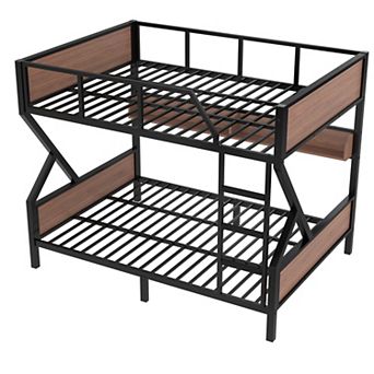 Heybly Queen Over Queen Metal Bunk Bed with Storage Shelves and LED Lights, Heavy Duty Space Saving