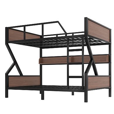 Heybly Queen Over Queen Metal Bunk Bed with Storage Shelves and LED Lights, Heavy Duty Space Saving