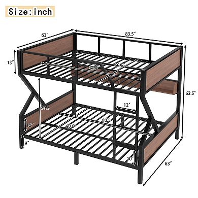 Heybly Queen Over Queen Metal Bunk Bed with Storage Shelves and LED Lights, Heavy Duty Space Saving